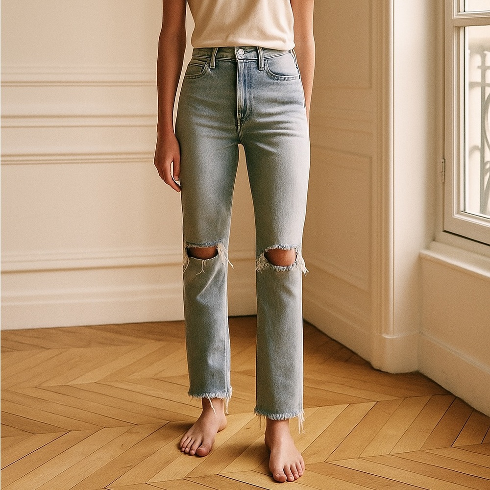 Paige Cindy Crop in Miacova Destructed‎ Straight High Rise Jeans Denim